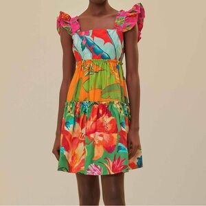 FARMRIO Foliage Mix Mini Dress Tropical Floral Ruffle Sleeve Tucan Cotton Size L